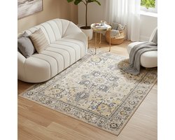 Tapiso ASH Vloerkleed Beige Grijs Vintage Design Laagpolig Antislip Tapijt Voor Woonkamer Slaapkamer en Hal - 160x230