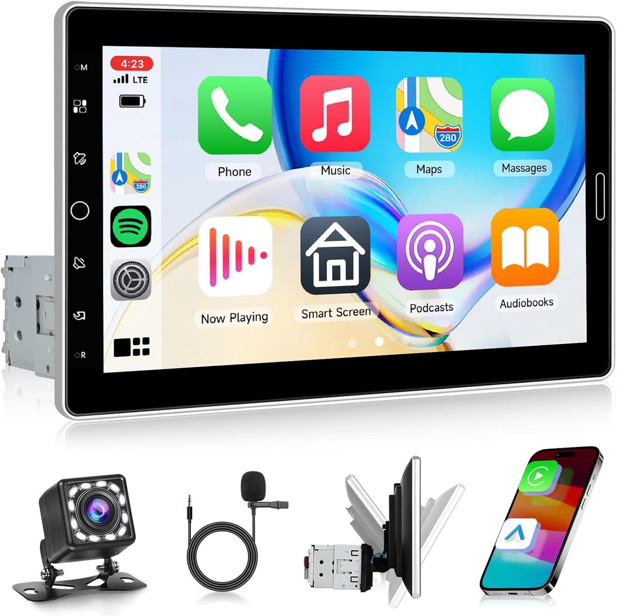 1 DIN Autoradio met Draadloze CarPlay & Android Auto - Intrekbaar 10.1 Inch Touchscreen en Achteruitrijcamera