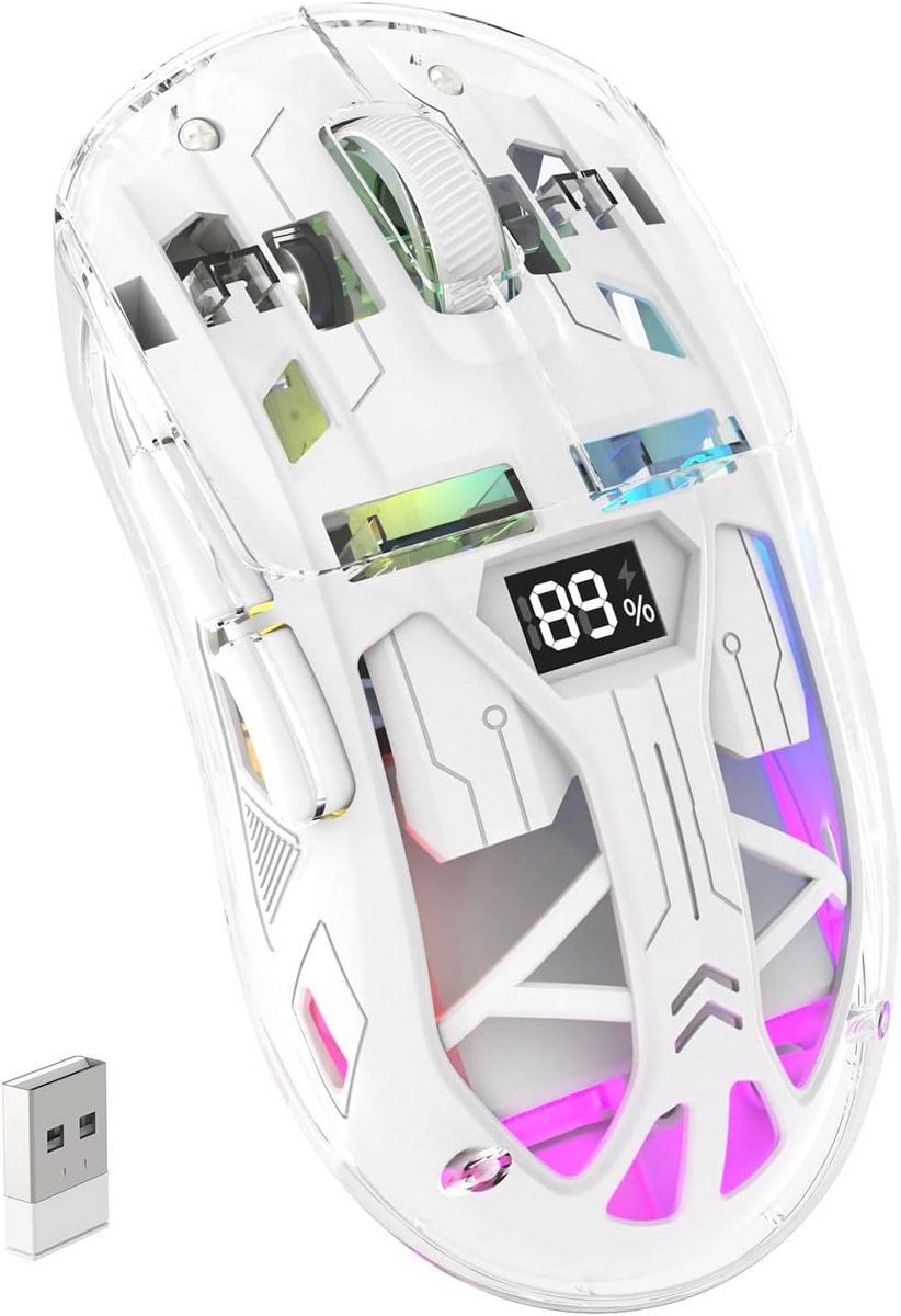 Draadloze Gaming Muis met Transparant RGB Design, 4000 DPI en Dual Mode (2.4G/Bluetooth)