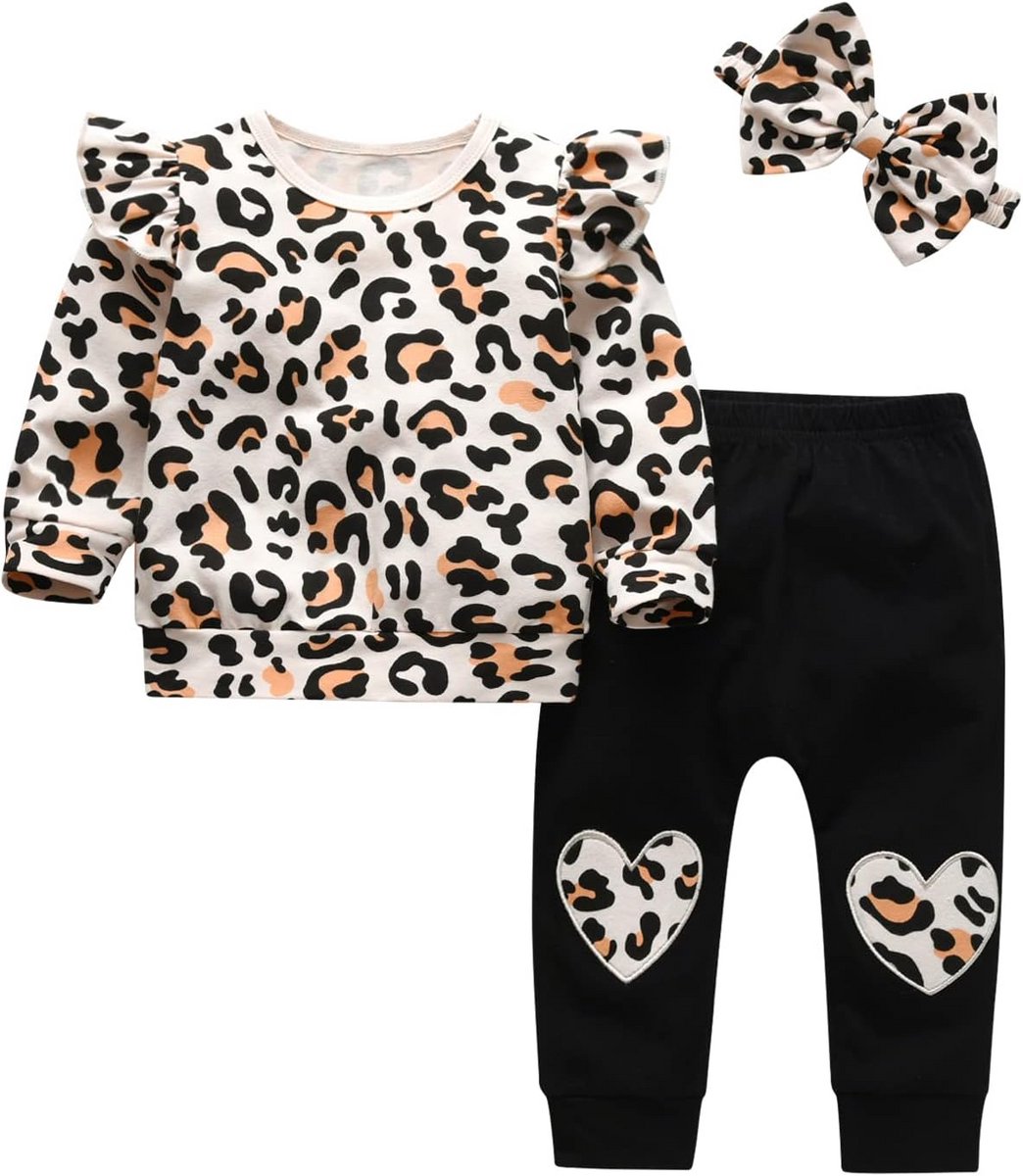 Schattige 3-delige meisjes set beige lange mouwen top broek en haarband