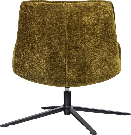Achterkant van een olijfgroene chenille fauteuil met zwarte stervoet.