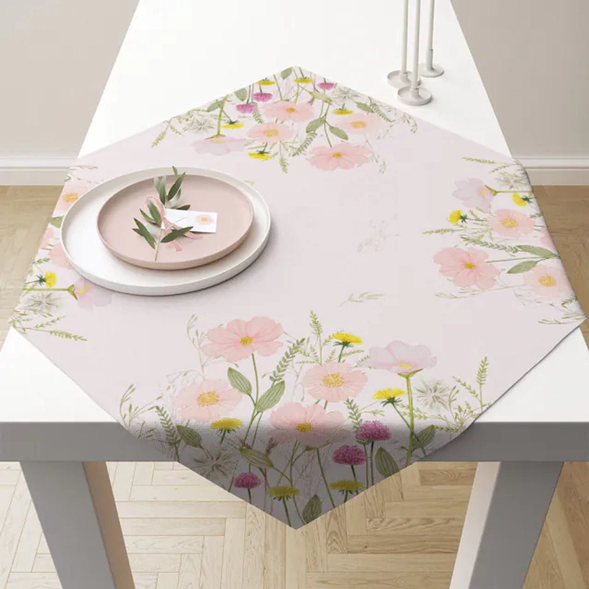 Ambiente Tafelkleed 90x90 cm, Pastel Bloemen Roze, Katoen