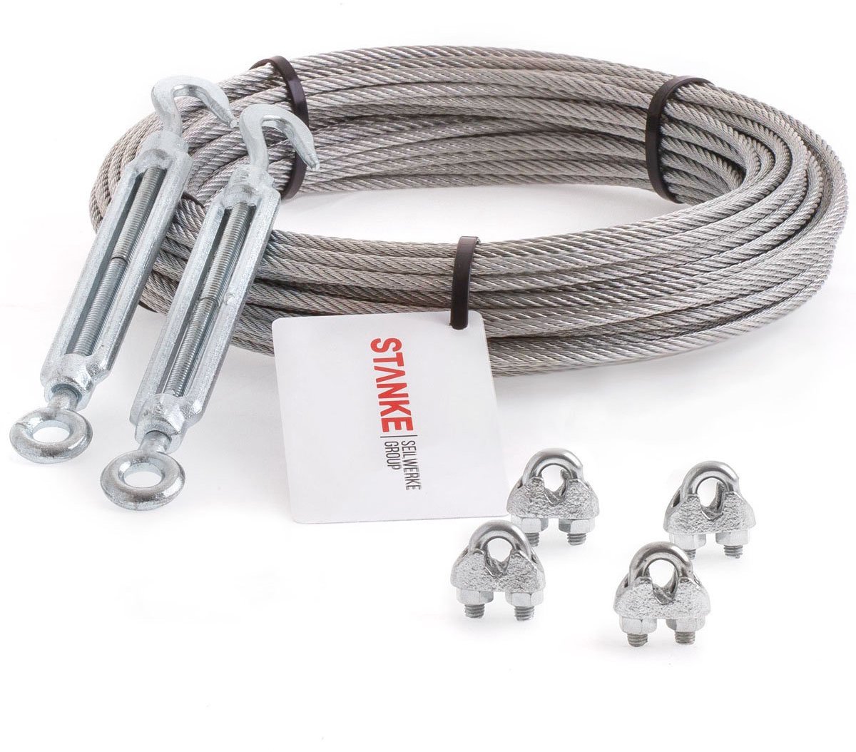 Roestvrijstalen Touw 15m 5mm, 2x Romeinse Schroef M10, 4x Kabelklem V4A - Set