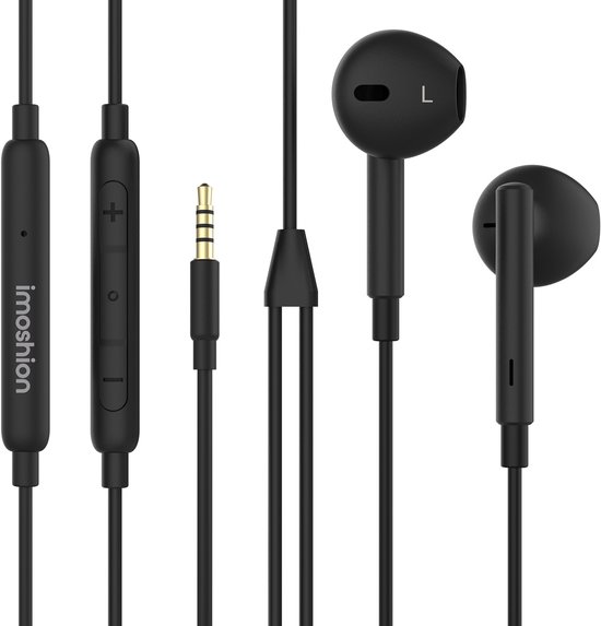 Écouteurs noirs imoshion avec télécommande intégrée, prise jack 3,5 mm et marquage 'L' sur l'écouteur droit.