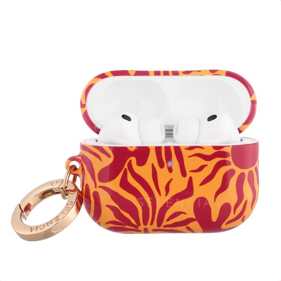 Étui AirPods Pro avec imprimé tropical, rayures oranges et rouges, avec porte-clés doré.