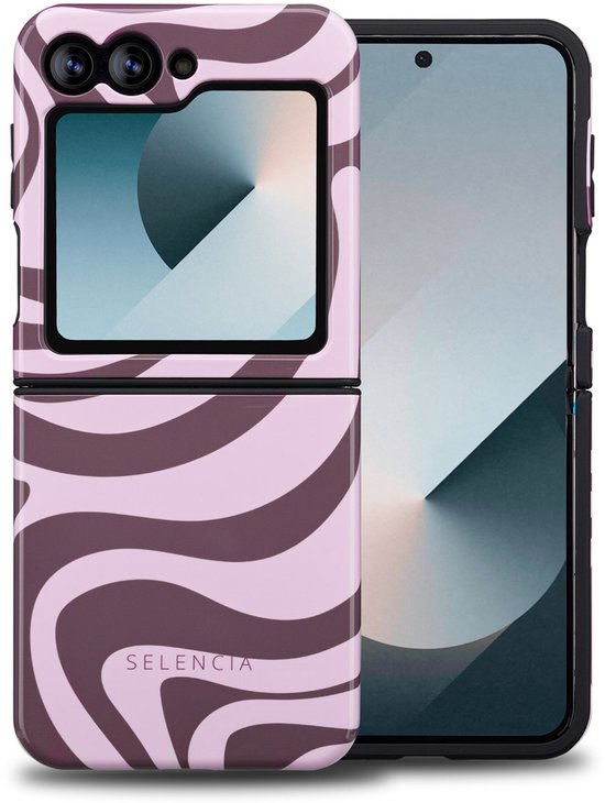 Coque pour téléphone Samsung Galaxy Z Flip aux lignes ondulées violettes et roses, montrée ouverte avec un téléphone à l'intérieur.