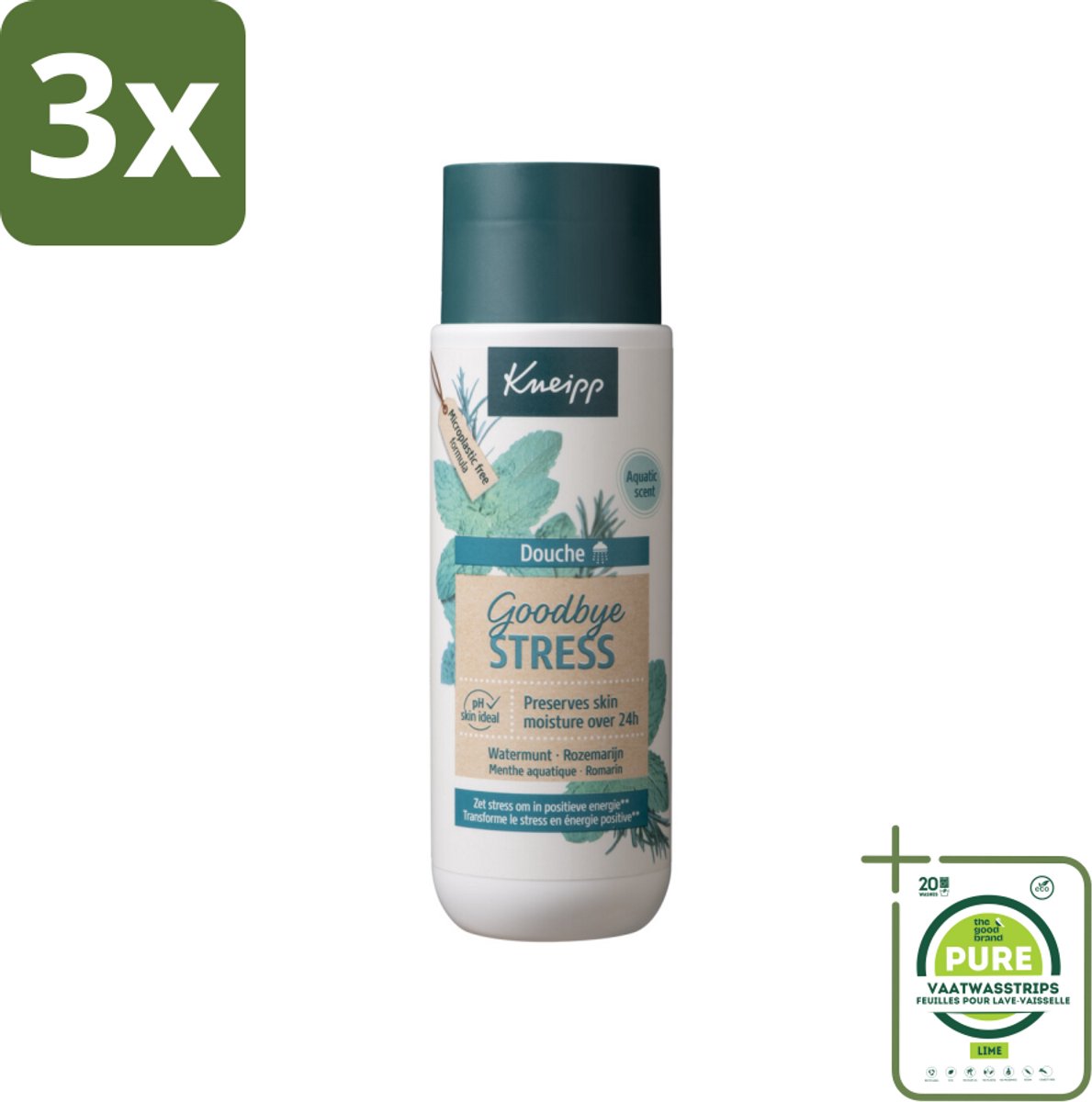3 x Kneipp - Douchegel - Goodbye Stress - 200 ml - Grootverpakking - Douchegel - Stressvermindering - Ontspannen - Watermunt - Rozemarijn