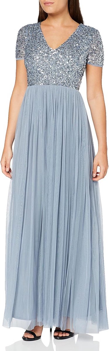 Plus Size Bruidsmeisjes Jurk V-hals Pailletten Korte Mouw Empire Taille Avondjurk