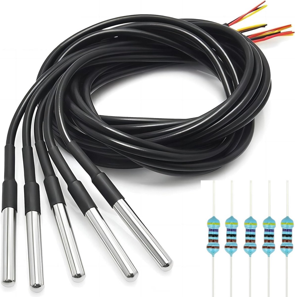 5 Stuks DS18B20 Temperatuursensor Probe - Hoge Nauwkeurigheid Waterdicht - Inclusief 4.7K Weerstanden voor Arduino en Raspberry Pi