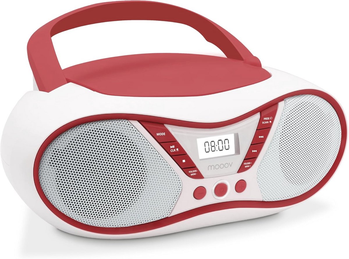 MOOOV Cherry CD-speler, FM-radio, stereo 6 W, draagbaar, met draaggreep, rood en wit, 477411