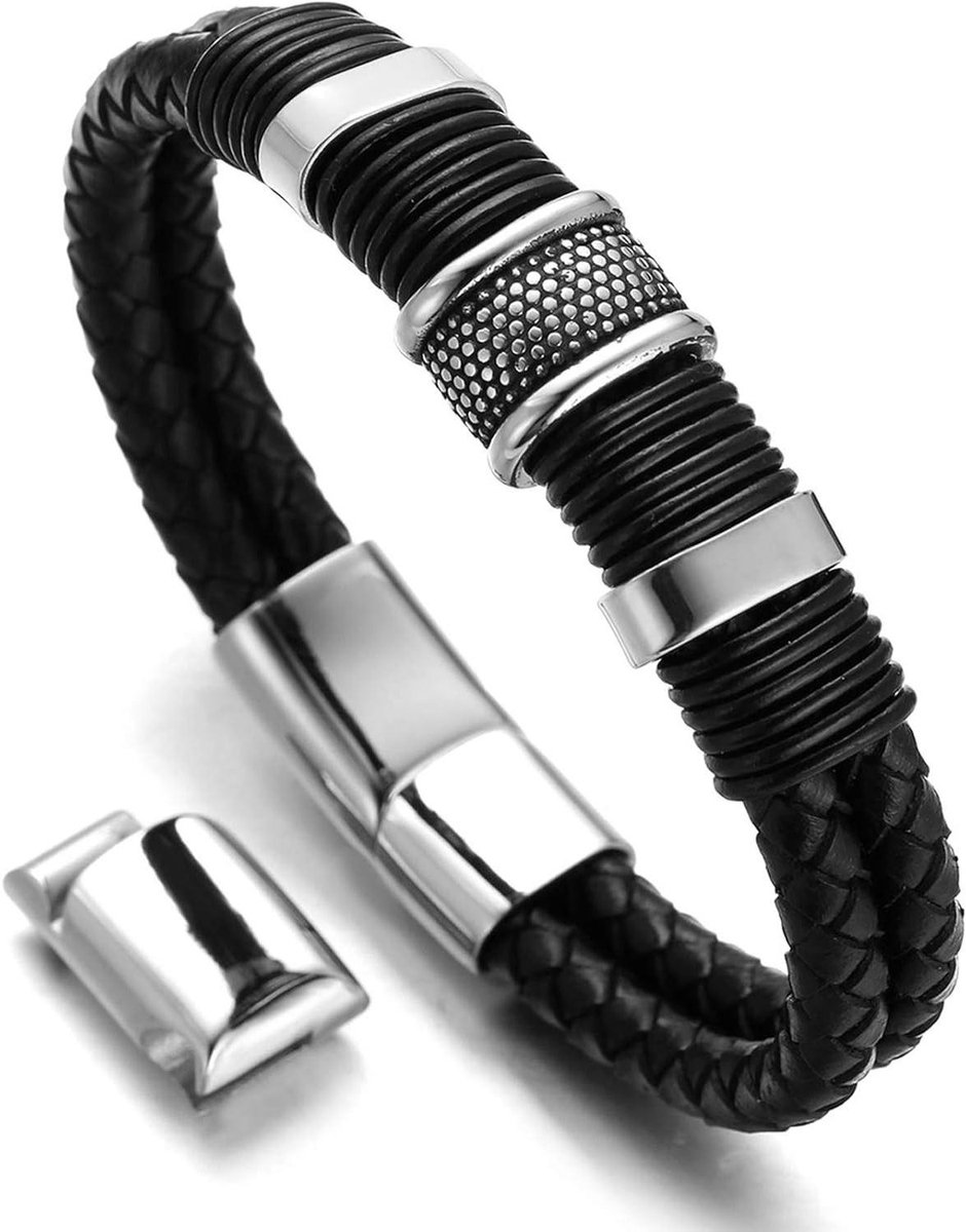 Allecta - Echt Leder Armband Mannen Titanium Zwart Magnetische Sluiting - Verstelbaar - Geschenkdoos - Goud Zilver Zwart