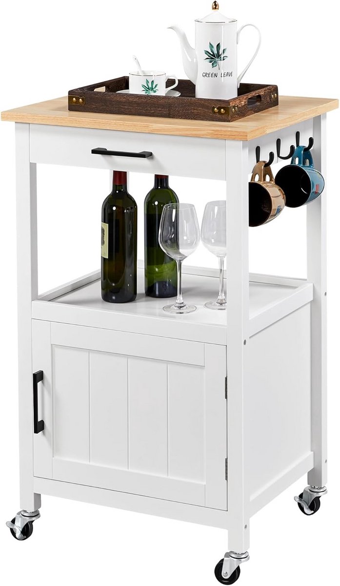 Mobiele Keukenwagen met Opbergruimte, Houten Sideboard op Wielen