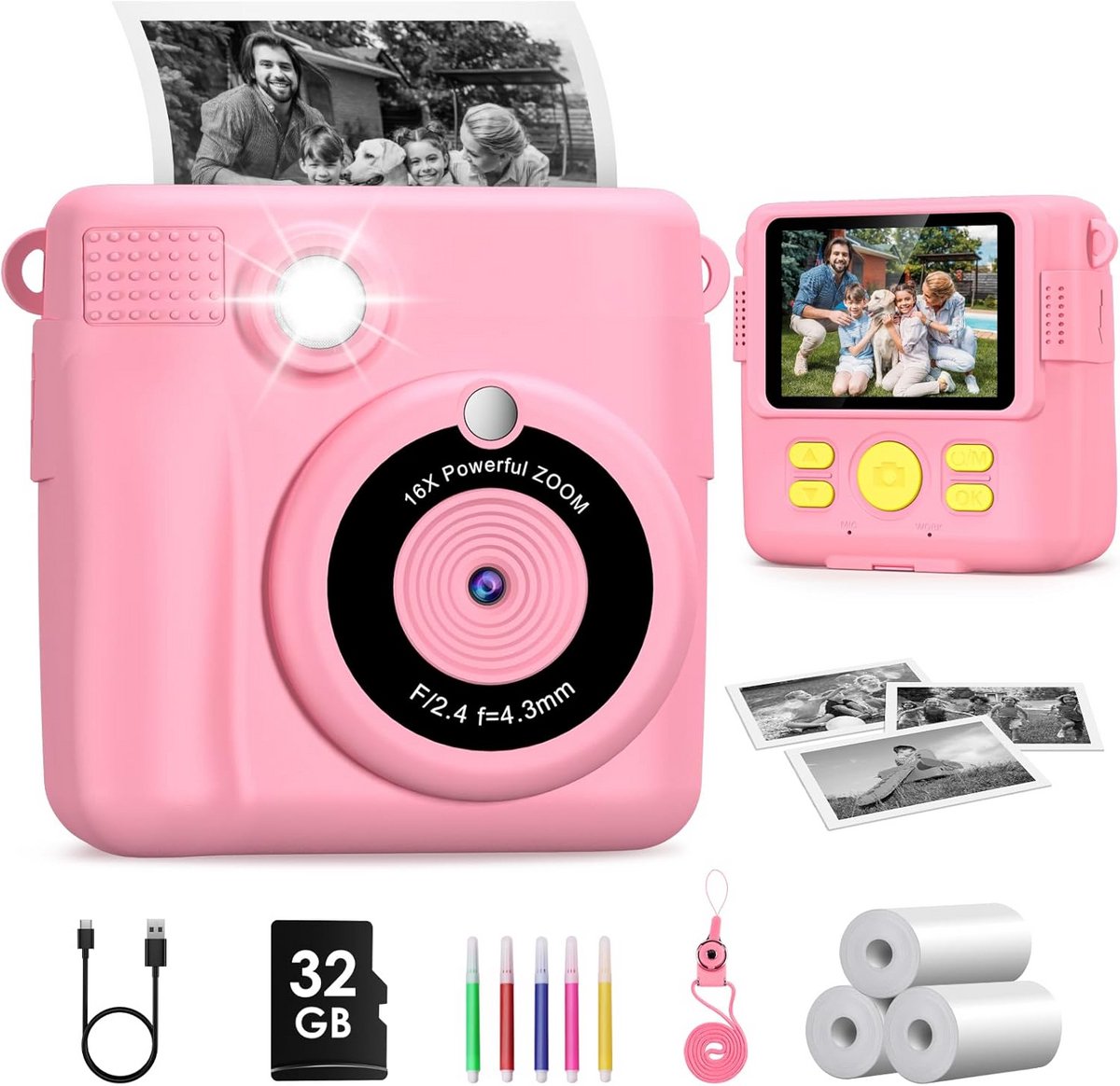 GreenKinder Children's Camera Instant Camera 1080P 2.4 Inch Screen Instant Camera for Kids with Print Paper and 32GB TF Card Digital Camera for Children 3-12 Years