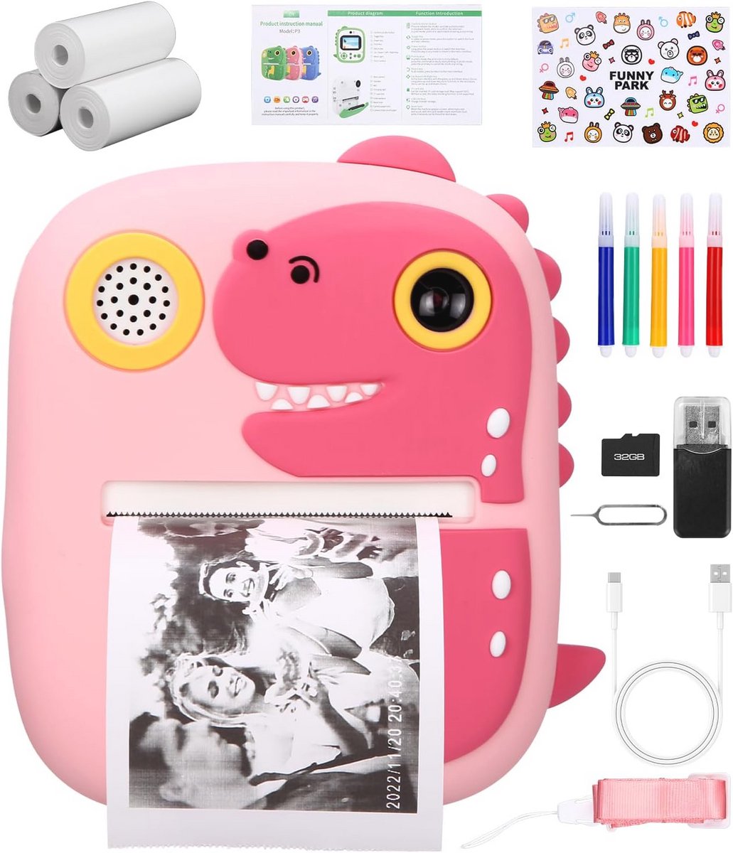 Zaxiva Instant Camera for Kids, 1080P 2.4 Inch Instant Camera for Kids with 32G Card, 3x Printer Paper, 32GB Card, Digital Camera for Kids, 5 Colored Pens, 3-12 Years, Boys and