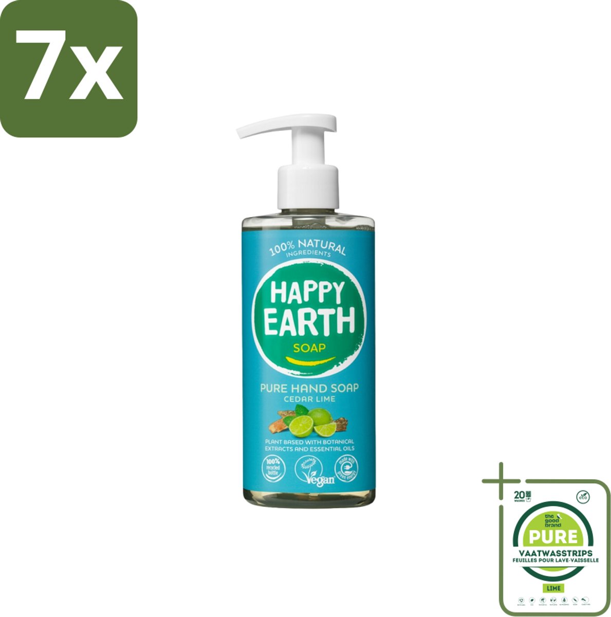 7 x Happy Earth – Handzeep – 100% Natuurlijk Cedar Lime – 300 ml - Grootverpakking - Natuurlijke Handzeep - Vegan Handzeep - Ceder En Limoen - Handzeep Met Essentiële Oliën - Antibacteriële Handzeep