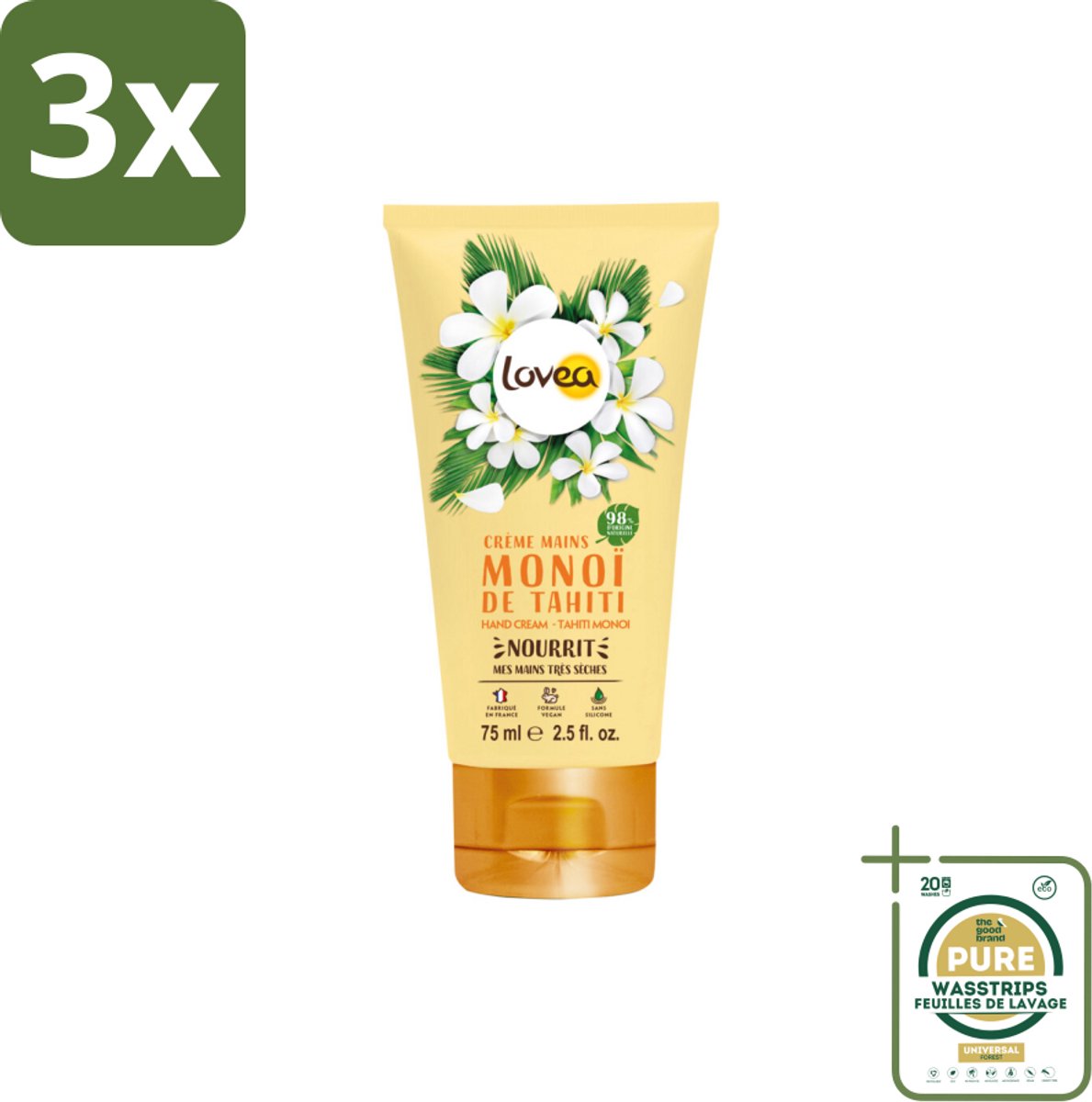 3 x Lovea – Handcrème – Tahiti Monoï – Hydraterend – 75 ml - Grootverpakking - Koffiezetapparaat