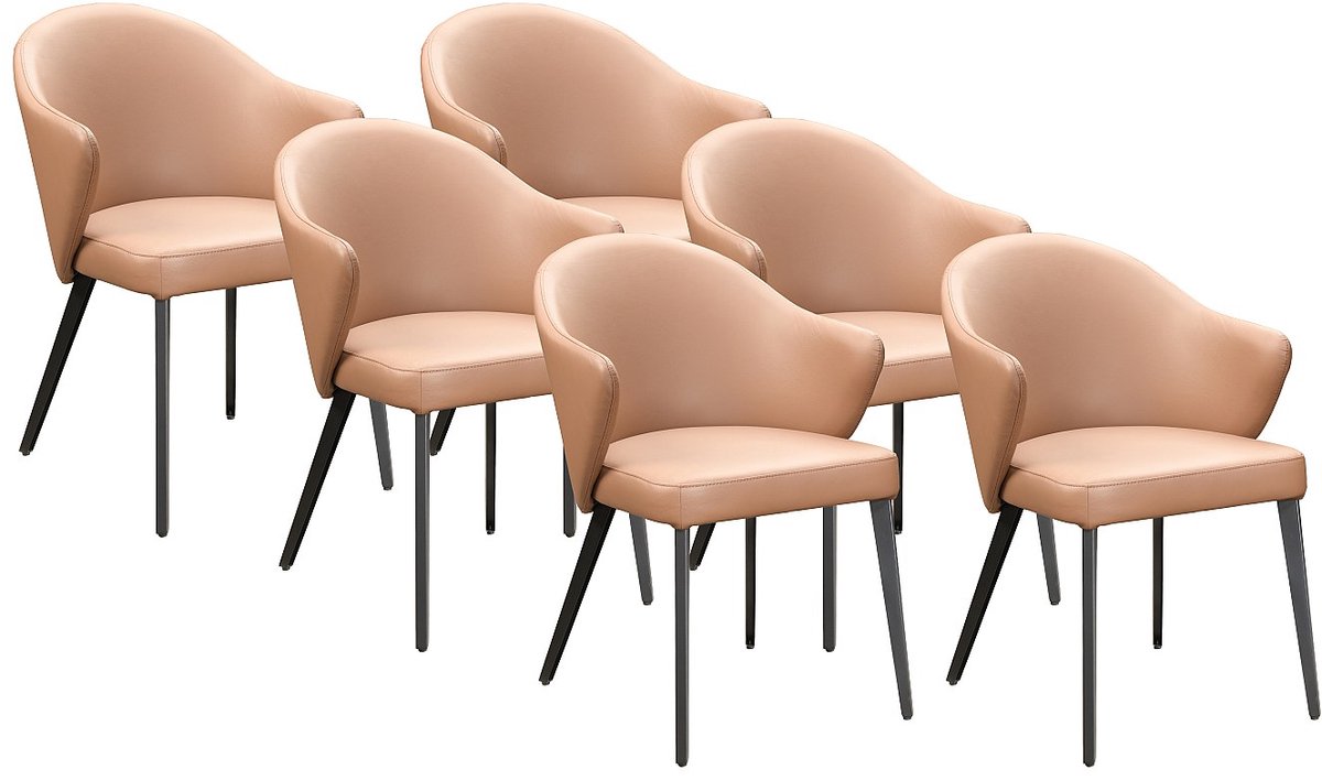 Vente-unique Set van 6 Stoel met armleuningen van leer en zwart staal - Camelkleurig - MIBELLY van Maison Céphy