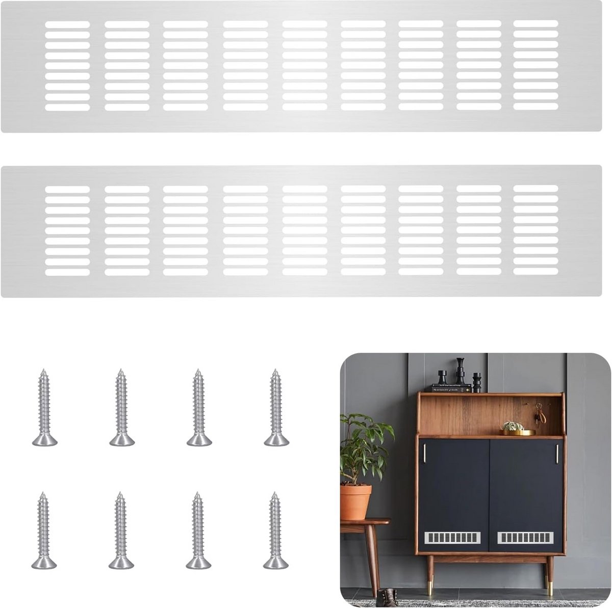Ventilatieroosters Aluminium 80 x 400 mm - 2 Stuks, Vierkant voor Kasten en Slaapkamers
