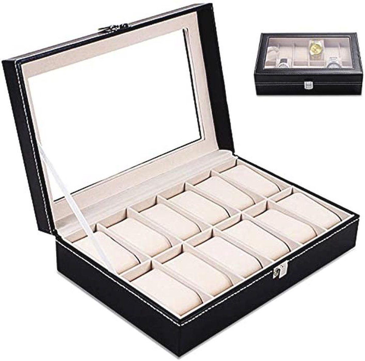 Horlogedoos 12 Vakken Met Spiegel en Uitneembare Kussens