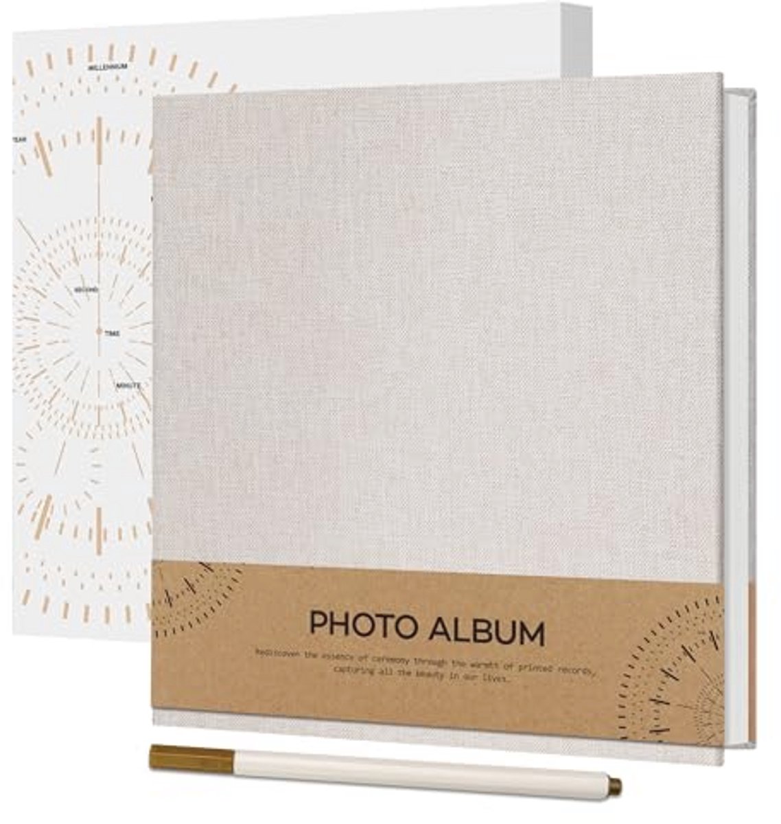Vienrose Zelfklevend fotoalbum van 10 x 15 cm, om zelf vorm te geven, klein linnen fotoalbum met 40 witte pagina's, bruiloftsfotoalbums met een balpen, 17 x 18 cm, beige