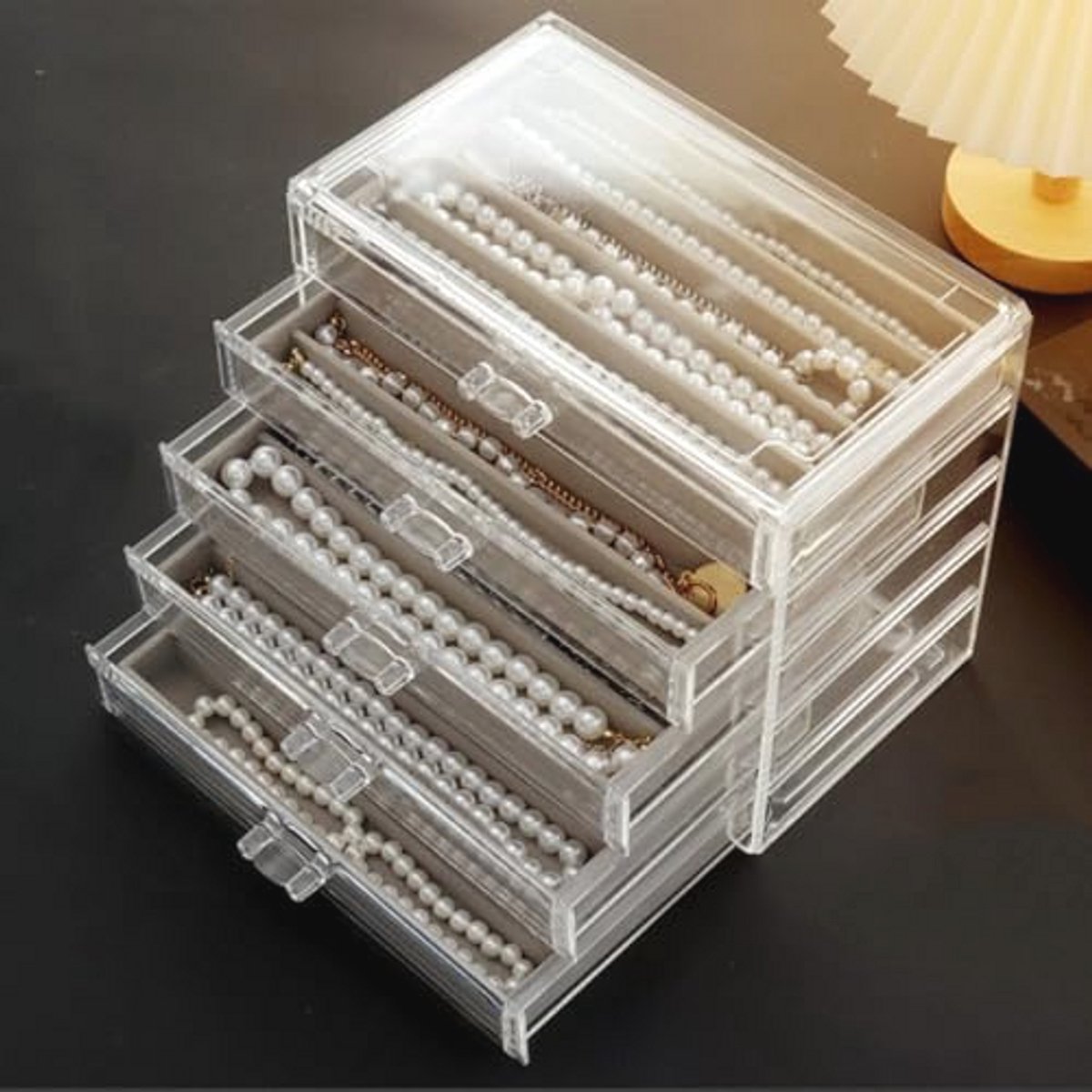 Halsketting Organizer Box met Fluwelen Dienblad - Acryl, Stofdicht, 5 Laden voor Vrouwen en Meisjes