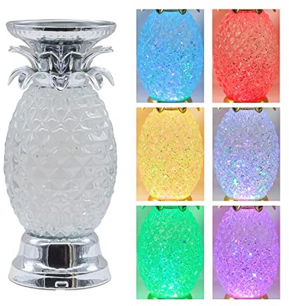 YAKii 9.5 "Ananas LED Kleur Veranderende Shine Lava Lamp, Wervelende Water Golven Lamp Kid Veilig Batterij/Usb Kabel Aangedreven, Tafellamp Kaars Houder Tafel Decoratie Zilver