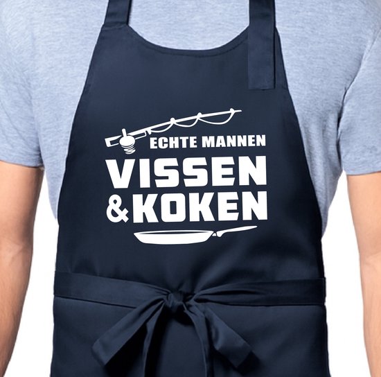 Zomertip! - Keukenschort Echte Mannen Vissen en Koken | Marine | Dames/Heren | Verstelbaar | Cadeau-idee | BBQ | Verjaardag | Jubileum | Verrassing | Grapje