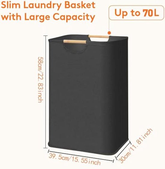 Smalle Wasmand voor 70 Liter, Vouwbare Wasbox met Houten Handvatten en Waterdichte Binnenvoering, 58 x 39,5 x 30 cm — afbeelding 2