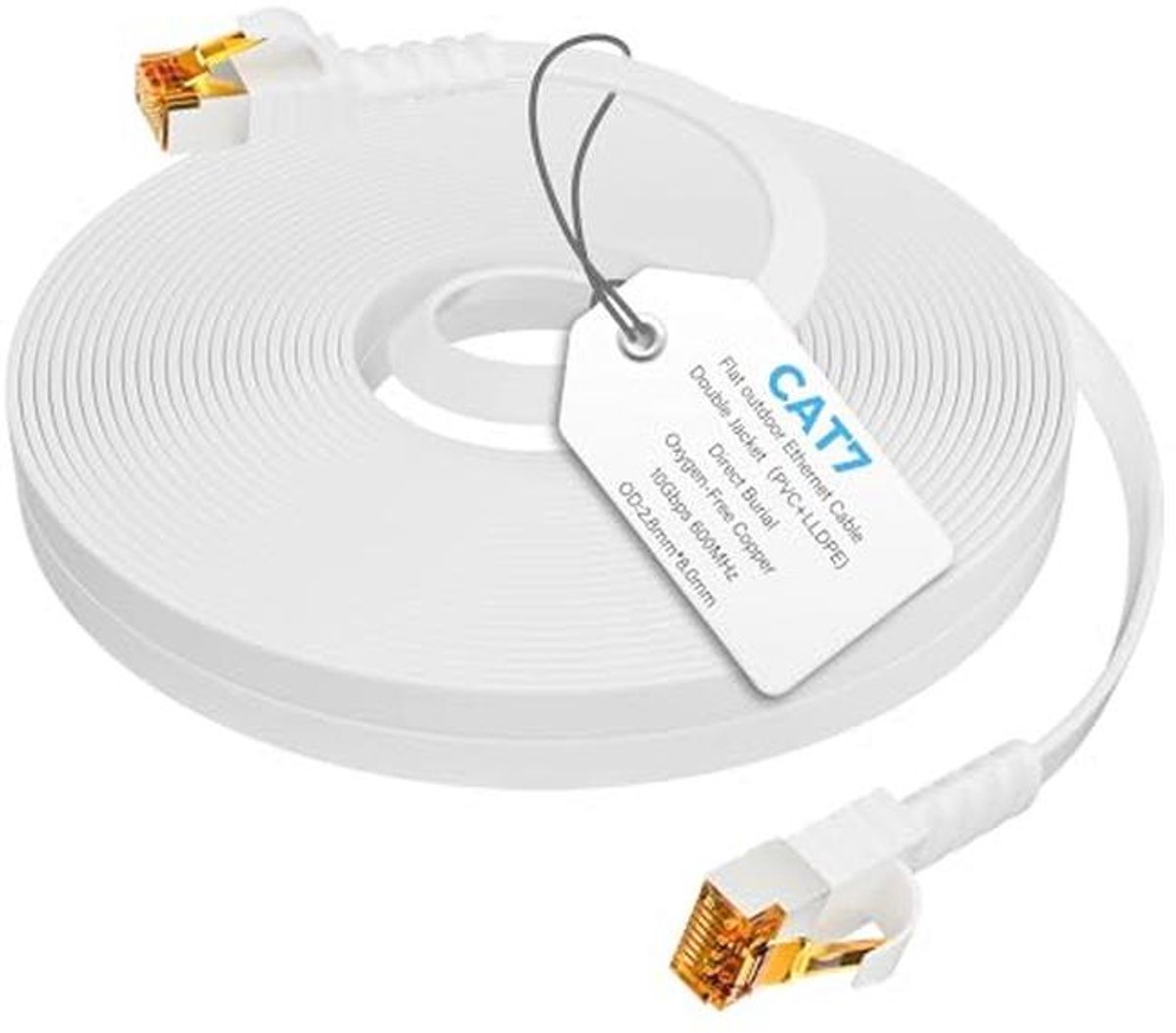 Mygatti Cat7 Ethernet-kabel 30 meter, plat-wit, voor buitengebruik van waterdichte directe begraving, snelle internetkabel 10 Gbps 600 MHz, POE, voor router, switch, modem, met 25 kabelclips