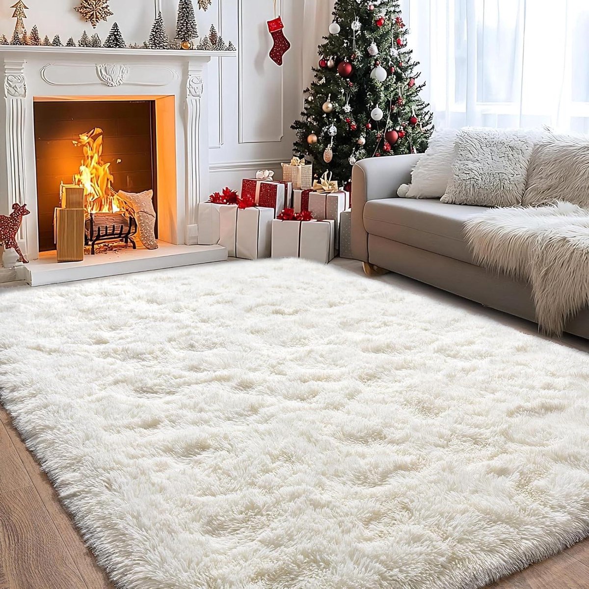 Provento - Hoogpolig vloerkleed 200 x 300 cm crème | Moderne wolachtige uitstraling | Antislip voor woonkamer, slaapkamer en kinderkamer