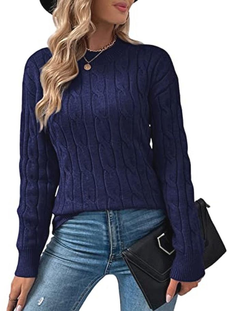 Niwicee Gebreide damestrui, grof gebreid, ronde hals, lange mouwen, casual, effen, Cable Knit