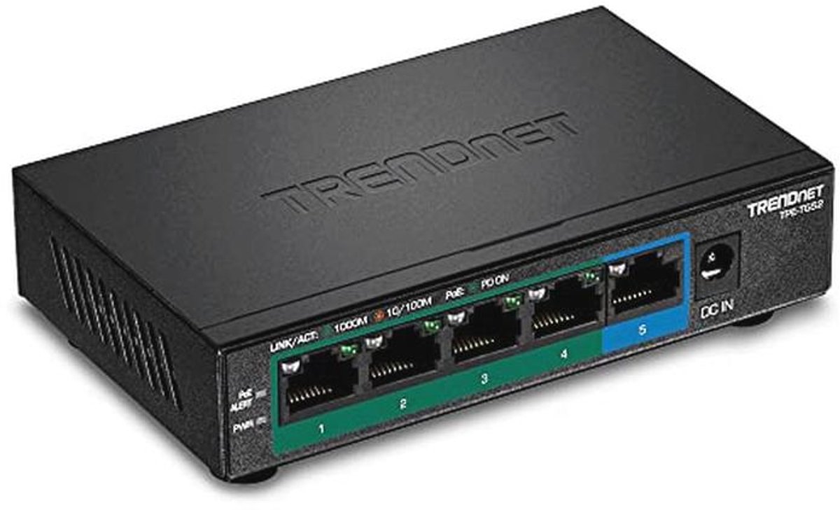 5-poorts Gigabit PoE+ switch met 32 W PoE-vermogensbudget en ventilatorloos design