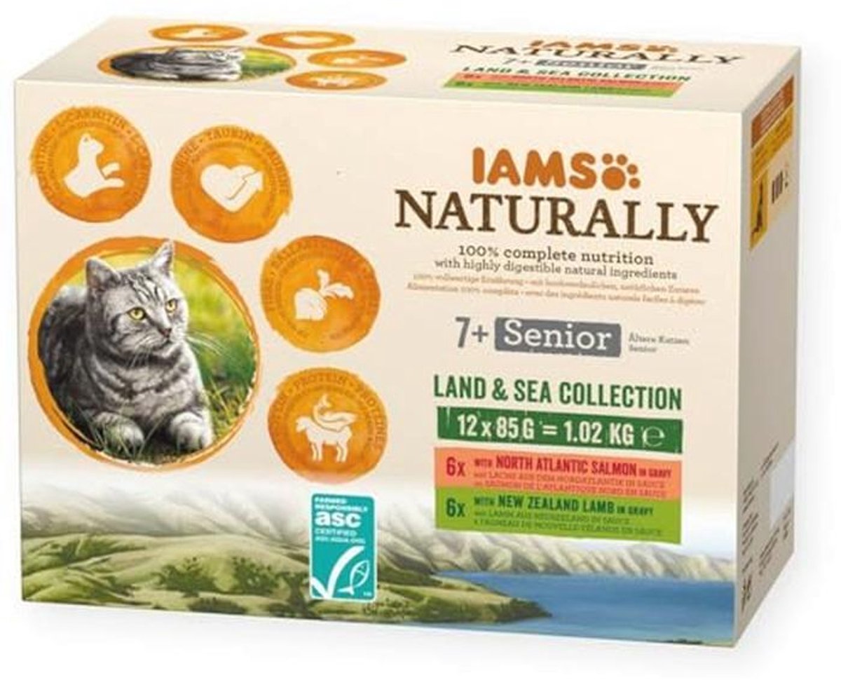 IAMS Naturally Senior kattenvoer nat in saus - hoogwaardig natvoer met vlees en vis voor oudere katten, Land & Sea Collection, 12 x 85 g