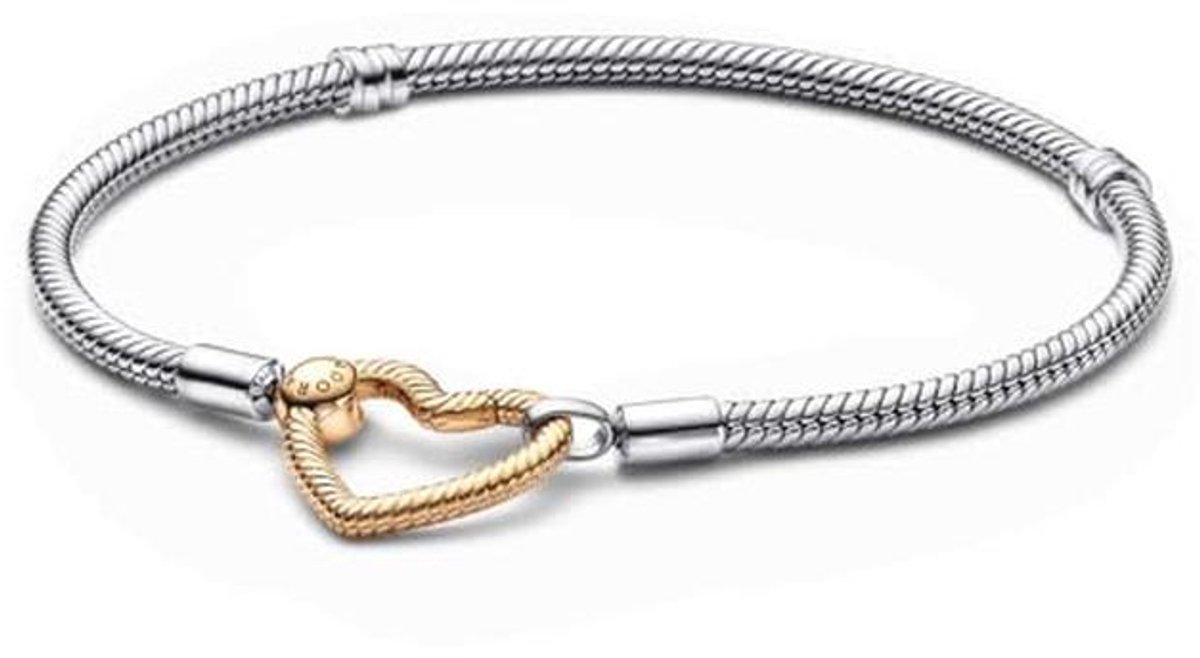 Slangenketting Armband in sterlingzilver met vergulde hartjessluiting
