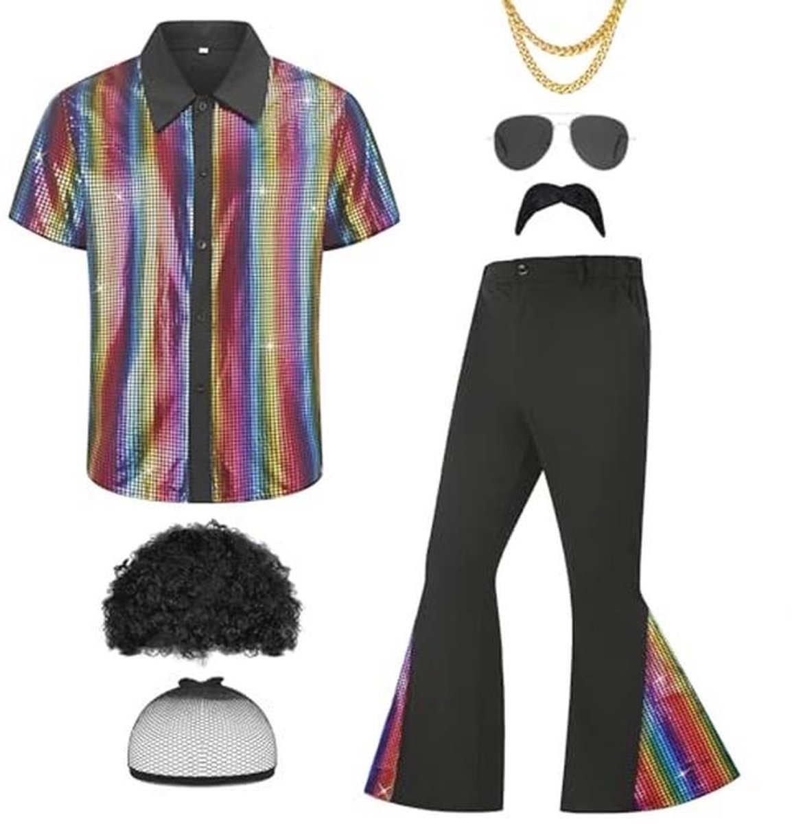 Heren jaren '70 disco outfit kostuum - 6 delig met korte mouwen, broek, pruik, halsketting, snor en zonnebril