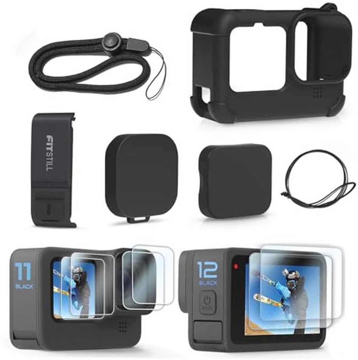 FitStill Siliconenhoes voor Go Pro Hero12 /Hero11/Hero 10/Hero 9 zwart, batterijzijdige afdekking, lensdop en displaybeschermfolies en sleutelkoord voor Go Pro Hero 12/11/10/9, zwart, accessoirekit