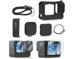 FitStill Siliconenhoes voor Go Pro Hero12 /Hero11/Hero 10/Hero 9 zwart, batterijzijdige afdekking, lensdop en displaybeschermfolies en sleutelkoord voor Go Pro Hero 12/11/10/9, zwart, accessoirekit