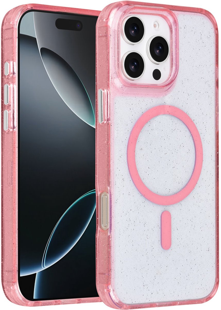 TUNIQ telefoonhoesje voor Apple iPhone 16 Pro Max - MagSafe met glitter en koord - Roze