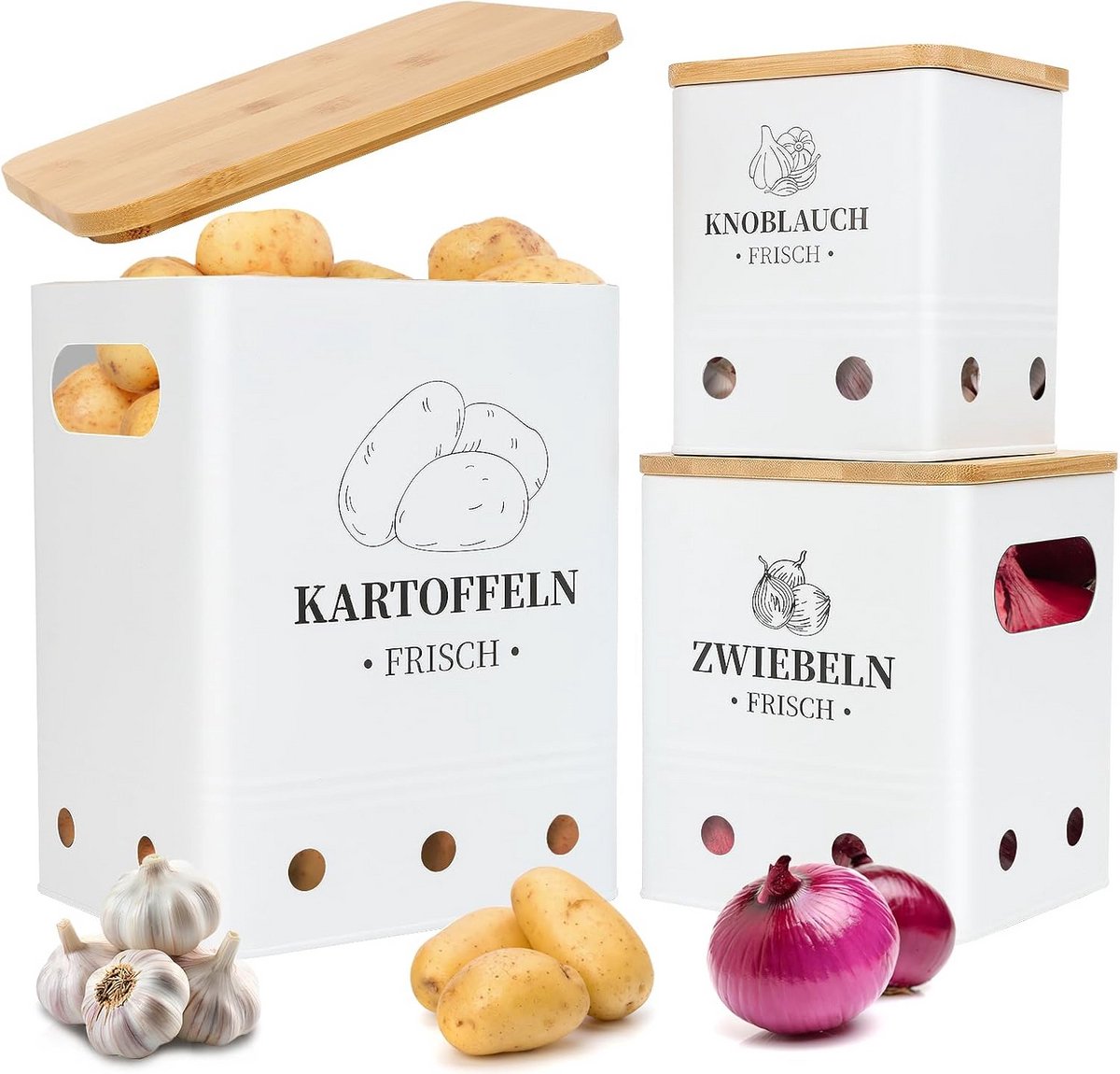 Set van 3 Aardappelcontainers - Wit - Ideaal voor Versheid en Opslag