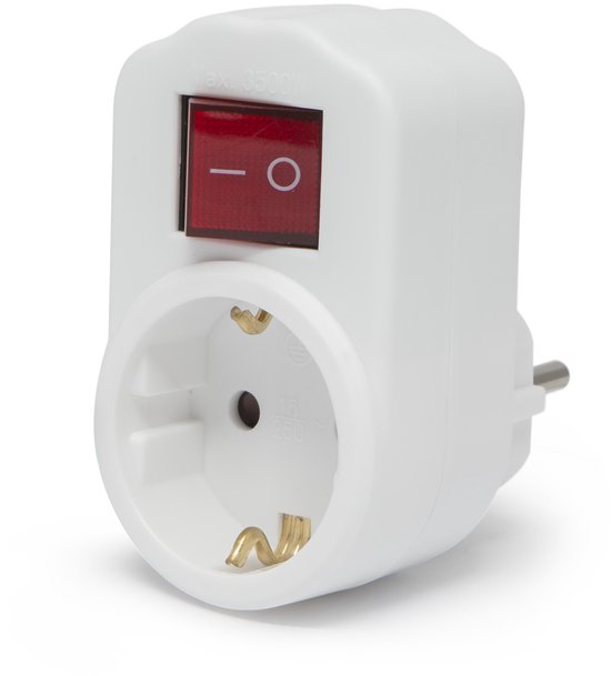 Witte stekkeradapter met rode schakelaar en een geaard stopcontact. Max 3500W.