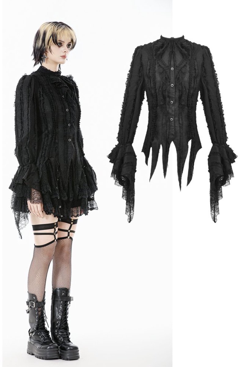 Dark in Love - Tattered Silhouette with BurntEdge Lace Blouse - XL - Zwart
