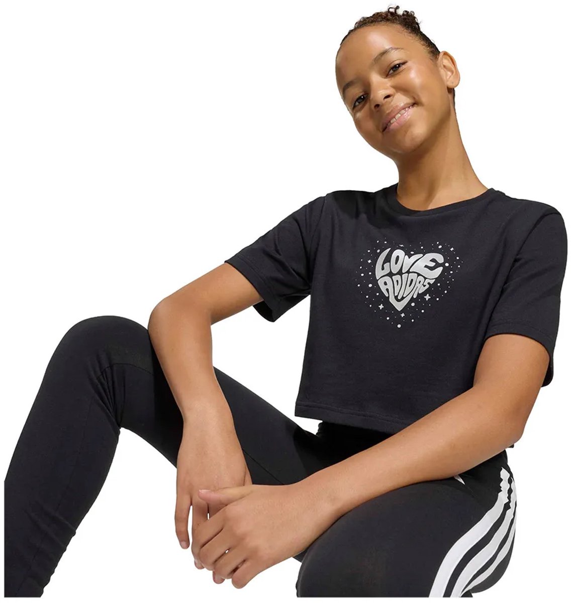 Adidas Everyday Glam Cropped Graphic T-shirt Met Korte Mouwen 14-15 Years Meisje Zwart