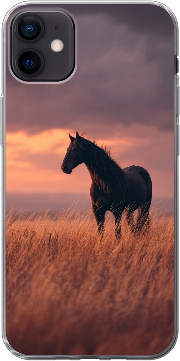 Telefoonhoesje Geschikt voor iPhone 12 mini hoesje - Paard - Wolken - Open veld - Siliconen Telefoonhoesje Telefoonhoesje