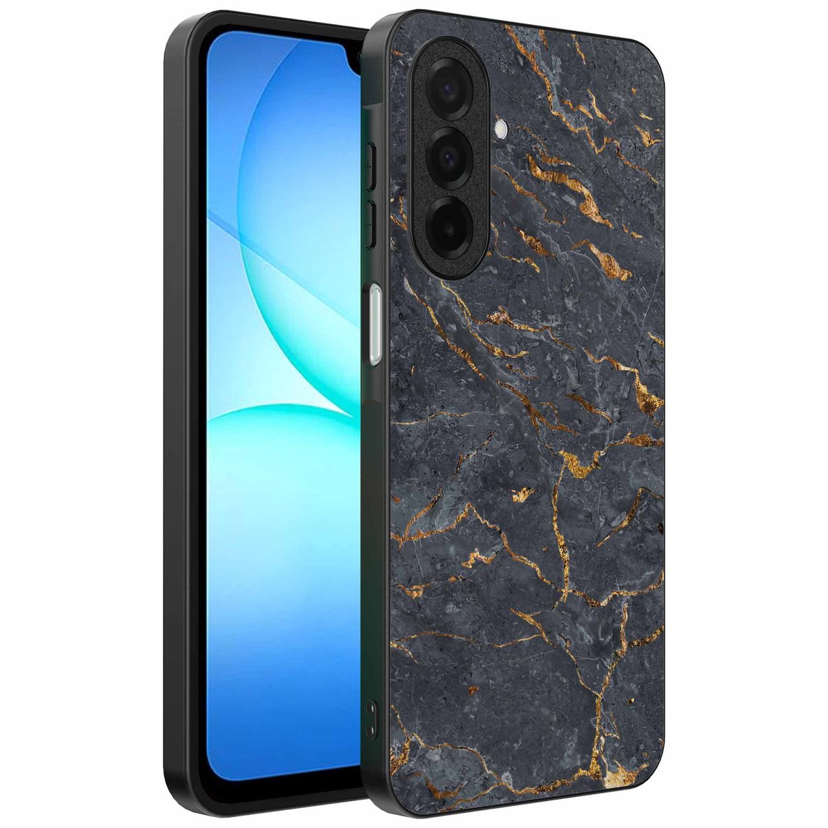 Geschikt voor Samsung Galaxy A17 Telefoonhoesje met Grijs Goud Marmer Opdruk - TPU Backcover Case Grey Gold Marble Design - Zwart - Smartphonica geschikt voor Samsung Galaxy A17