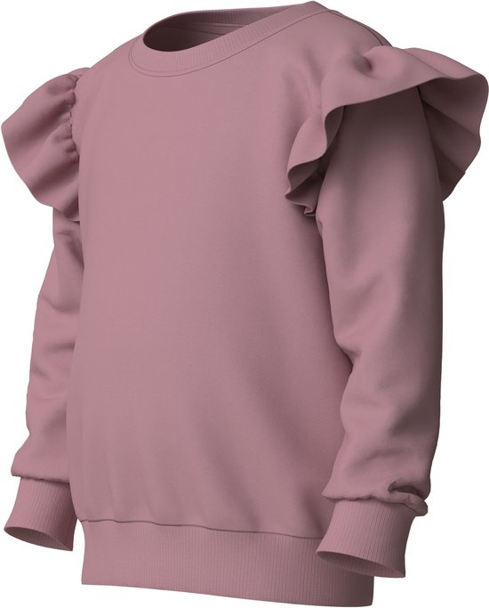 Roze sweater met gedrapeerde ruches op de schouders, lange mouwen en een ronde hals.