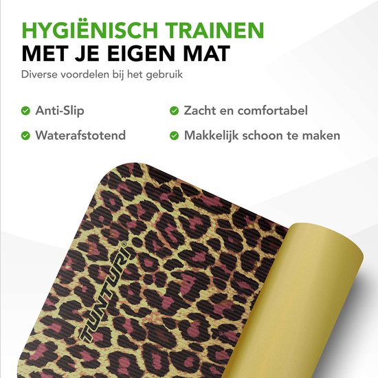 Fitnessmat met panterprint, anti-slip, waterafstotend, zacht en makkelijk schoon te maken.