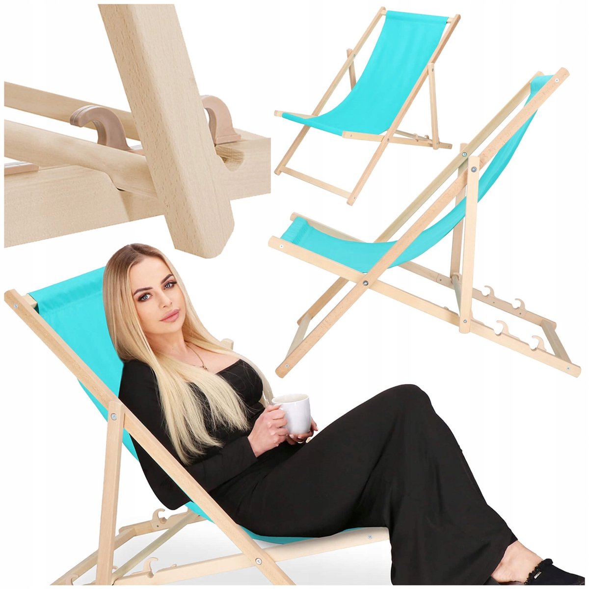 Houten ligstoel turquoise, opvouwbaar, voor tuin en strand