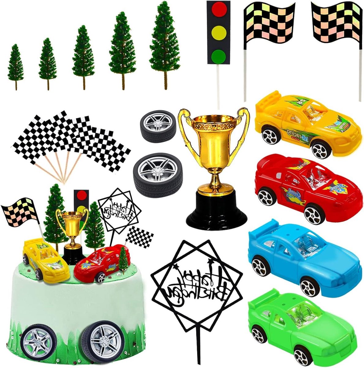 CSGoods - Racing Taartdecoraties Set met 38 Stuks | Racing Thema Taarttopper en Verjaardagsaccessoires voor Jongens