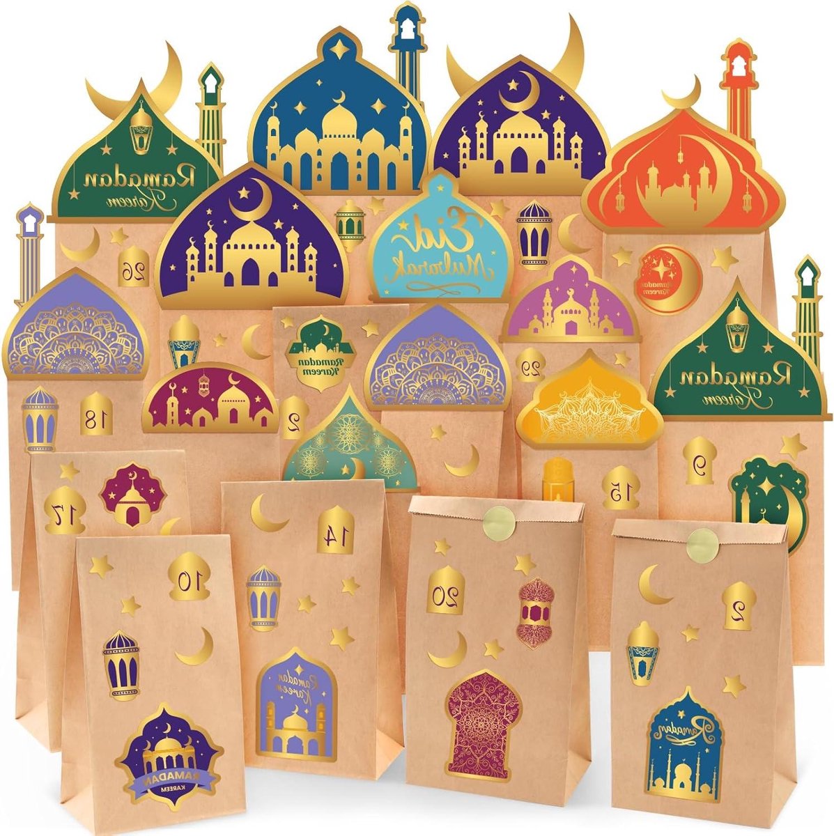 CSGoods - Papieren zakken voor Ramadan decoratie met Ramadankalender om te vullen - Feestelijke accessoires voor de Ramadanfestiviteiten