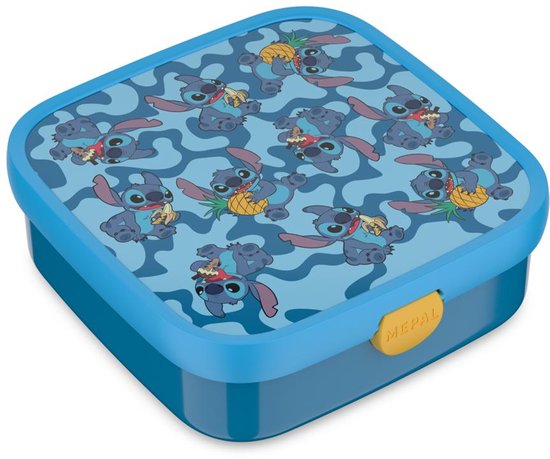 Boîte à goûter bleue avec imprimé Stitch dans diverses poses. Marque Mepal.